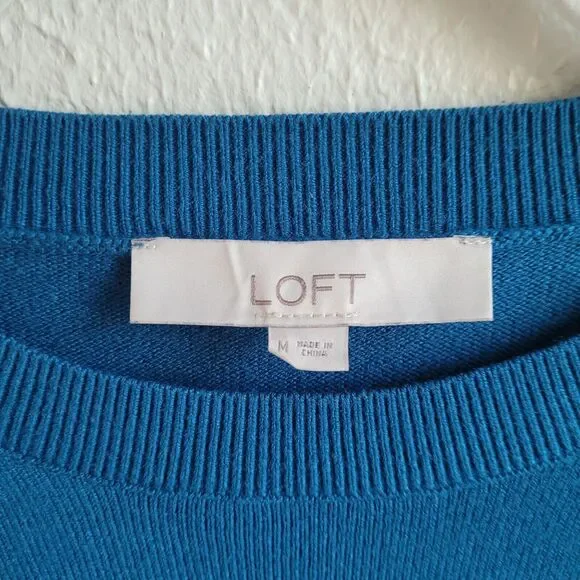 Loft Sweater Medium Teal Puff Sleeve Solid Round Neck Long Sleeve Soft 593282 - Picture 4 of 16